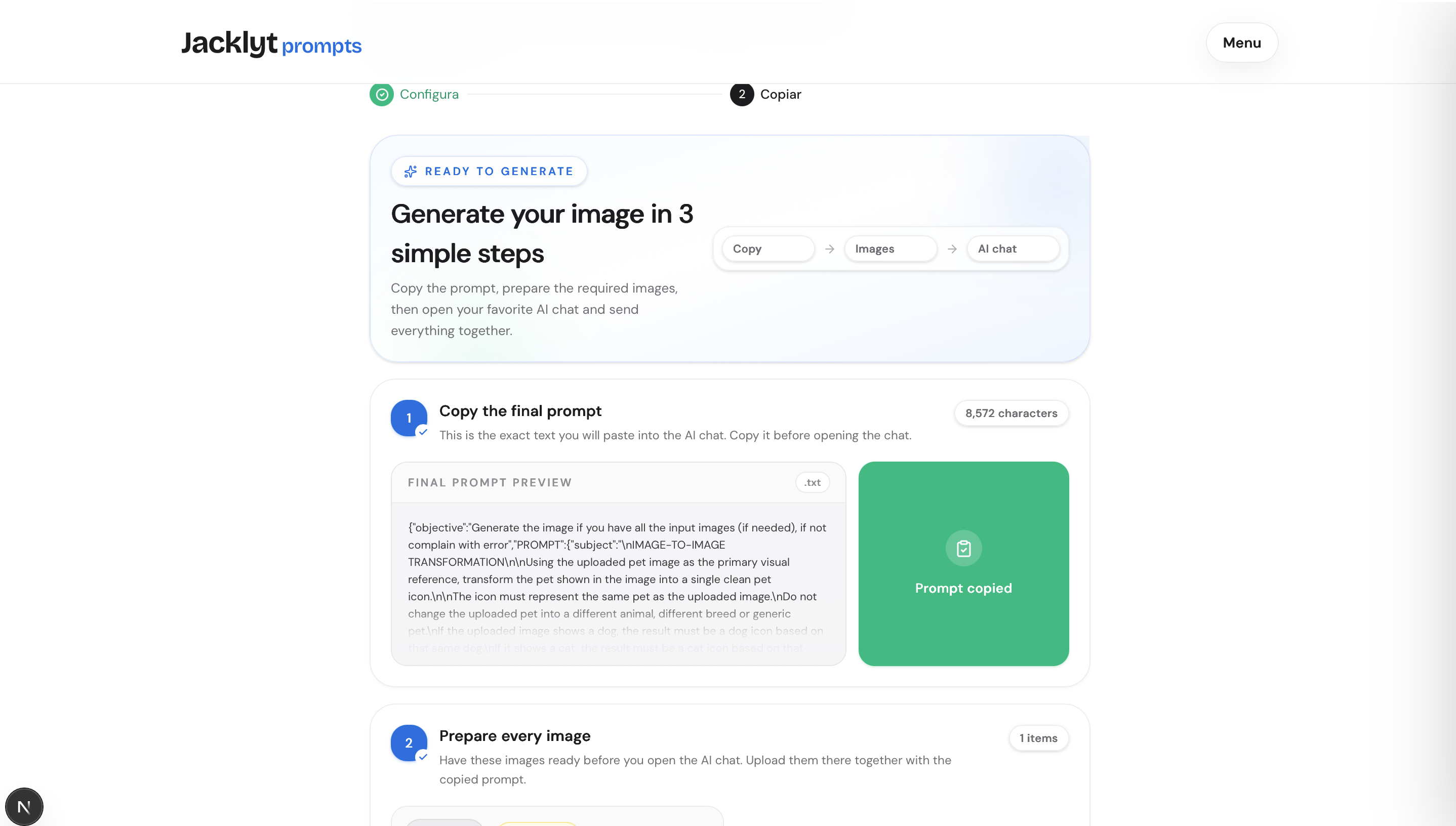 Screenshot of the generated prompt copy area